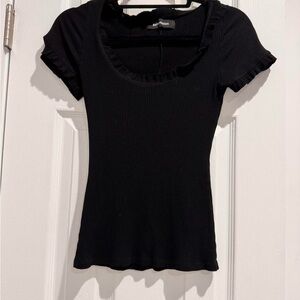 Reformation Black Ribbed Scoop Neck Ruffle Tee
